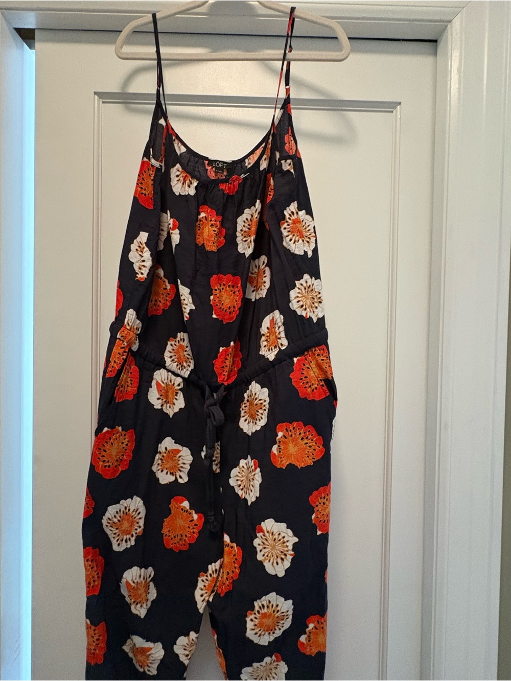 LOFT Navy Floral Spaghetti-Strap Jumpsuit with Orange & Cream Blooms
